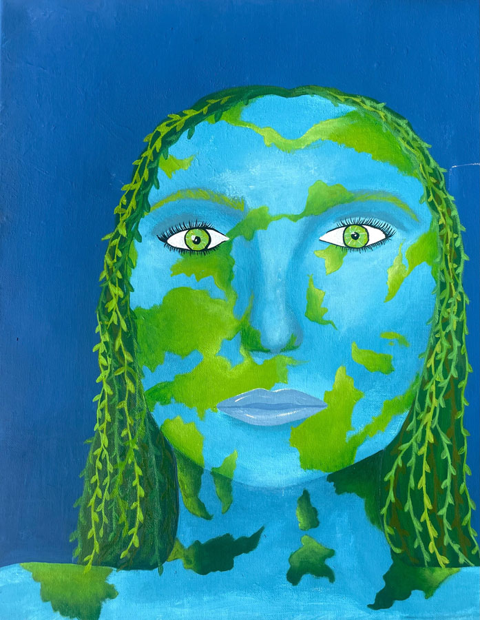 portrait of woman with vines for hair and skin in the pattern of the earth 