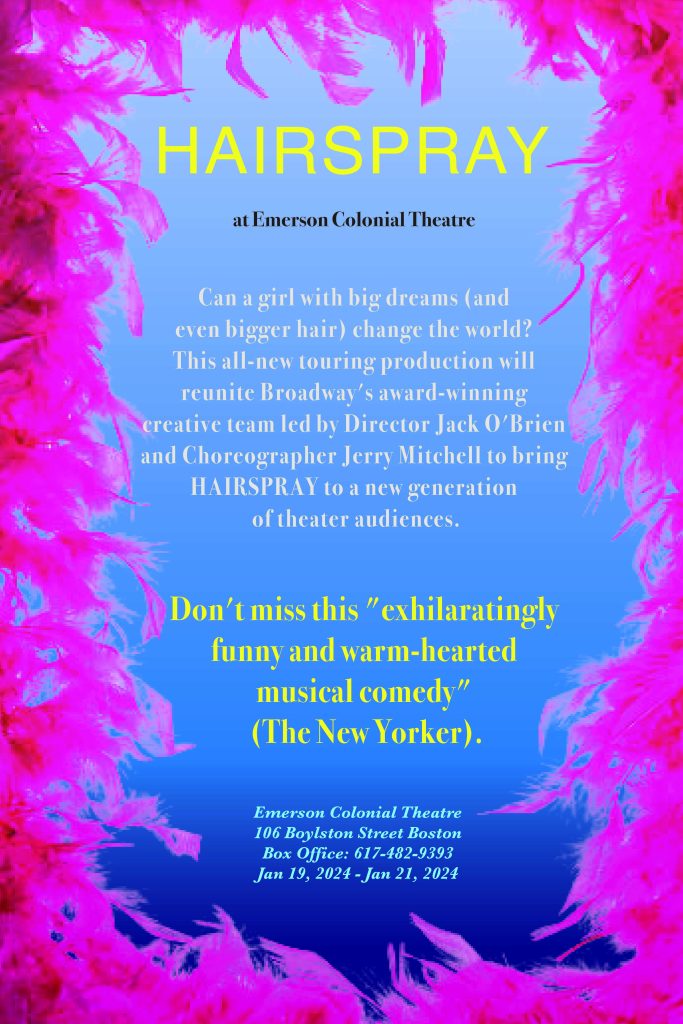 Hairspray musical poster with a blue background and pink feather boa border